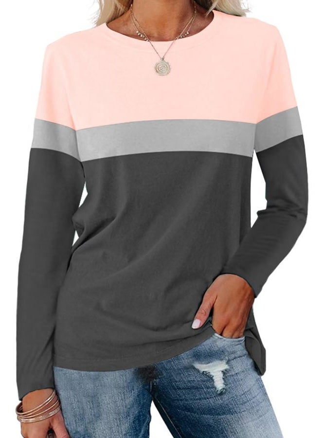 MineTom Women's Color Block Tunic Tops Casual Long Sleeve Shirts Round Neck Pullover, A Pink-gray-charcoal, XXL - Image 1