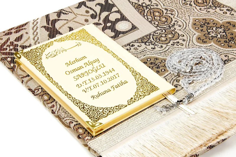 ايهفان اونلاين 50 Pieces - Name Printed Hardcover Yasin Book - Prayer Mat - Prayer Beads - Boxed - Beige - Mevlit Gift Set