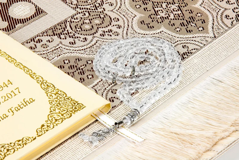 ايهفان اونلاين 50 Pieces - Name Printed Hardcover Yasin Book - Prayer Mat - Prayer Beads - Boxed - Beige - Mevlit Gift Set