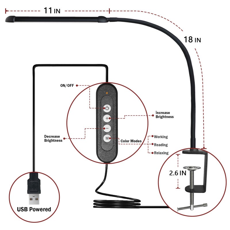 Phimuezl LED Desk Lamp with Clamp, Clamp Light with Adjustable Color Modes, Clip on Light with Long Flexible Gooseneck, Eye Care Lamp Clamp for Study, Work, Home, Office, Black, 12W - Image 5
