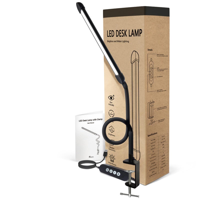 Phimuezl LED Desk Lamp with Clamp, Clamp Light with Adjustable Color Modes, Clip on Light with Long Flexible Gooseneck, Eye Care Lamp Clamp for Study, Work, Home, Office, Black, 12W - Image 1