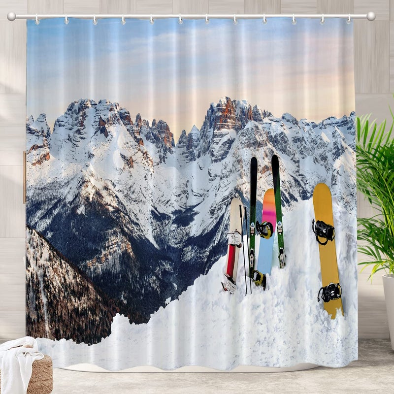Batmerry Snow Mountains Sunset Sky Decorative Shower Curtain Three Snowboards Ski Standing Snow Slope Mountains Cute Long wide with Rust Proof Grommets for Bathroom Waterproof Washable