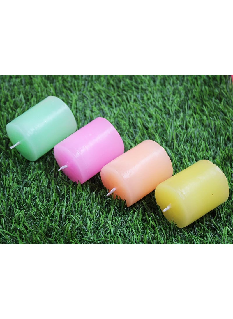 atorakushon atorakushon Smokeless Scented Paraffin Wax Peach Yellow Pink and Green Colors Round Pillar Candles Decoration for Party Birthday Party Dinner Table Living Room Pack of 4  - Image 1