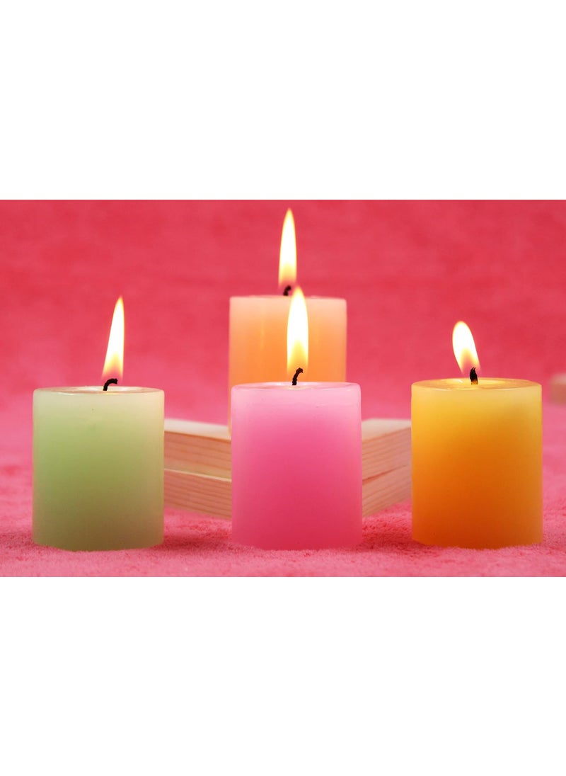 atorakushon atorakushon Smokeless Scented Paraffin Wax Peach Yellow Pink and Green Colors Round Pillar Candles Decoration for Party Birthday Party Dinner Table Living Room Pack of 4  - Image 3