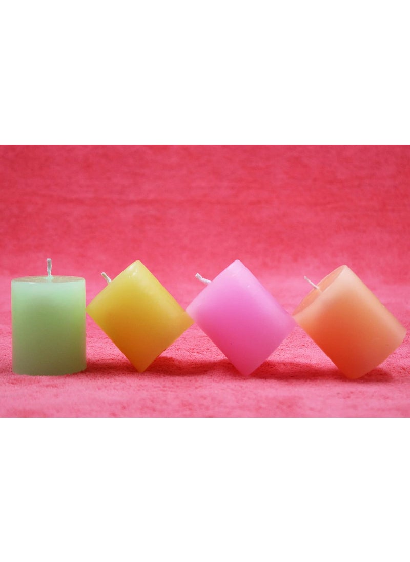 atorakushon atorakushon Smokeless Scented Paraffin Wax Peach Yellow Pink and Green Colors Round Pillar Candles Decoration for Party Birthday Party Dinner Table Living Room Pack of 4  - Image 4