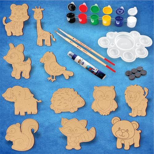 PICRAZEE DIY Art & Craft Kit 11 Animal Cutouts for Fridge Magnets in Pine MDF | Acrylic Colors, Brushes, Palette & Magnets | Ideal for All Kinds of Painting & Kids DIY Projects (M6), Multicolor - Image 1