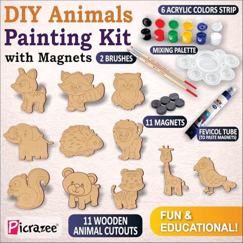 PICRAZEE DIY Art & Craft Kit 11 Animal Cutouts for Fridge Magnets in Pine MDF | Acrylic Colors, Brushes, Palette & Magnets | Ideal for All Kinds of Painting & Kids DIY Projects (M6), Multicolor - Image 2
