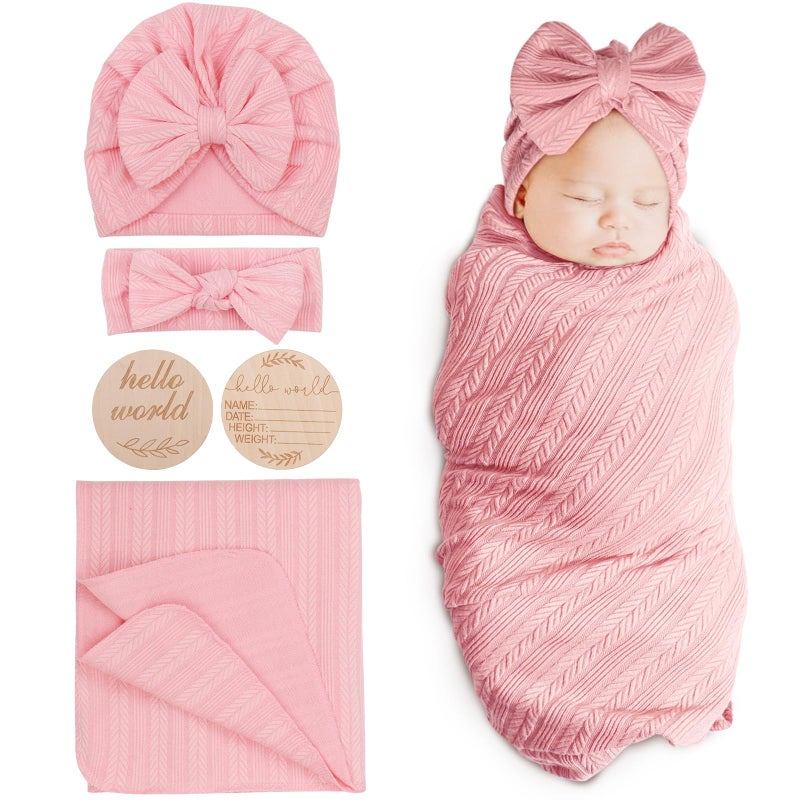 DRESHOW BQUBO Baby Swaddle Blankets for Girls 4PCS Newborn Accessories Set with Hat and Bow Headband with Hello World Wooden Birth Announcement Card Baby Blankets for Girls Pink