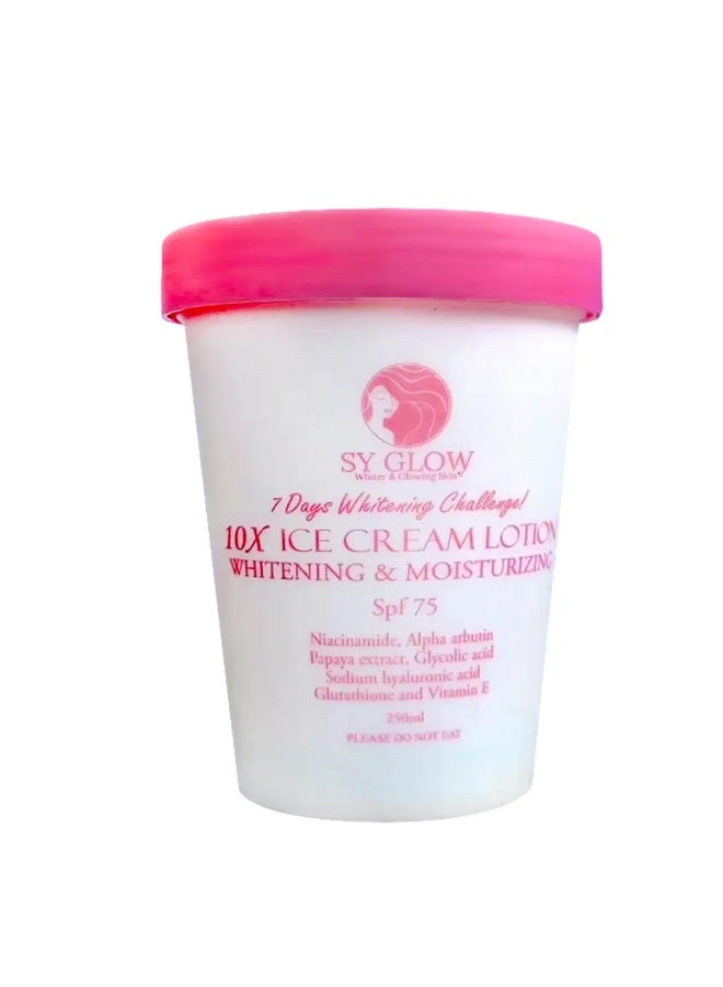 SY Glow 10X Ice Cream Whitening Body Lotion with SPF75 Protection Transform dull skin with this moisturizing body lotion designed to nourish, hydrate, and visibly brighten. Its lightweight formula abs