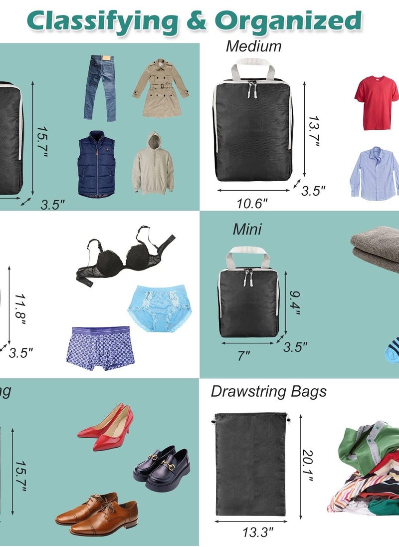 Excefore - Compression Packing Cubes - 6 Set Suitcase Organizer Bags for Travel. Expandable Luggage Organizers for Suitcase and Backpack. Travel Essentials for Women and Men in Black. - Image 1