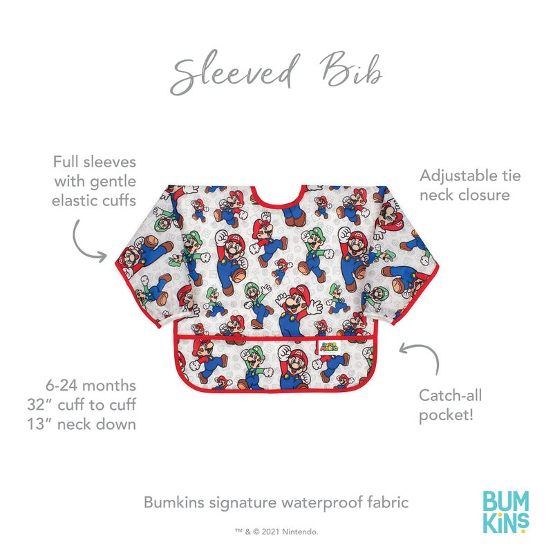 Bumkins Bibs, Baby and Toddler Girls and Boys 6-24 Months, Long Sleeve, Essential Must Have for Eating, Feeding, Mess Saving Lightweight Waterproof Fabric Sleeved Smock, Nintendo Mario and Luigi - Image 5