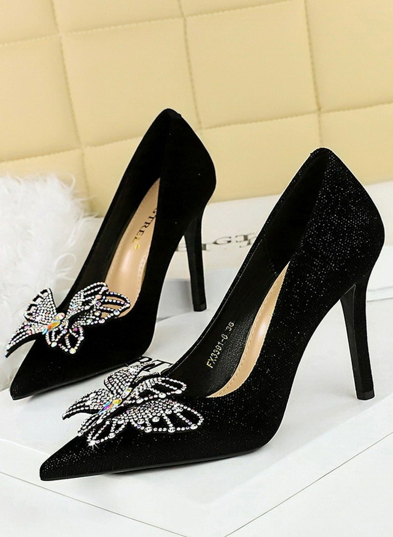 بيج تري النساء جلد السويد مغلق أشار إصبع القدم مضخة الراينست قوس الديكور عالية الكعب الأسود 10CM - Image 1