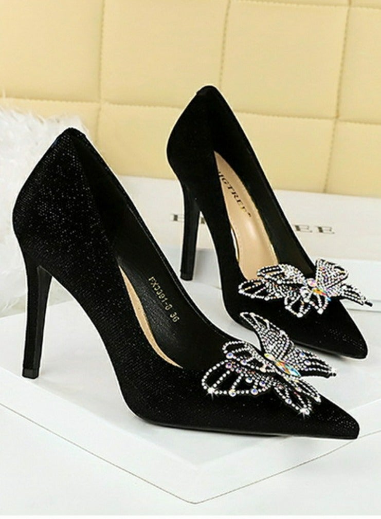 بيج تري النساء جلد السويد مغلق أشار إصبع القدم مضخة الراينست قوس الديكور عالية الكعب الأسود 10CM - Image 2