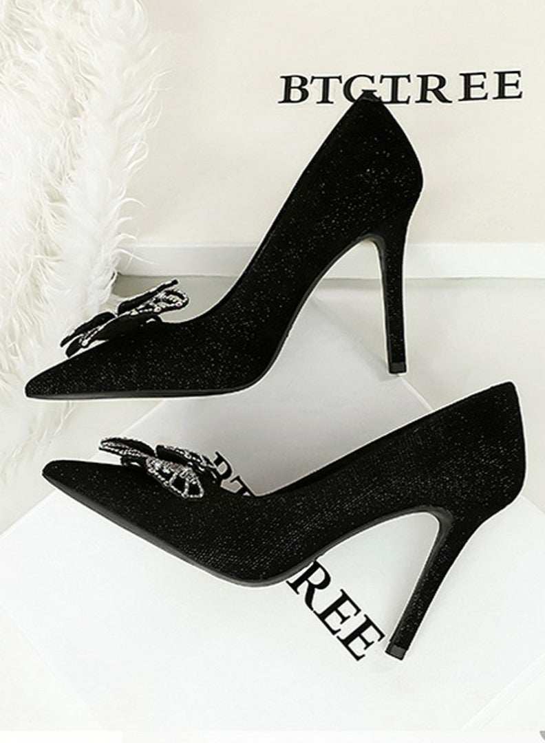 بيج تري النساء جلد السويد مغلق أشار إصبع القدم مضخة الراينست قوس الديكور عالية الكعب الأسود 10CM - Image 3