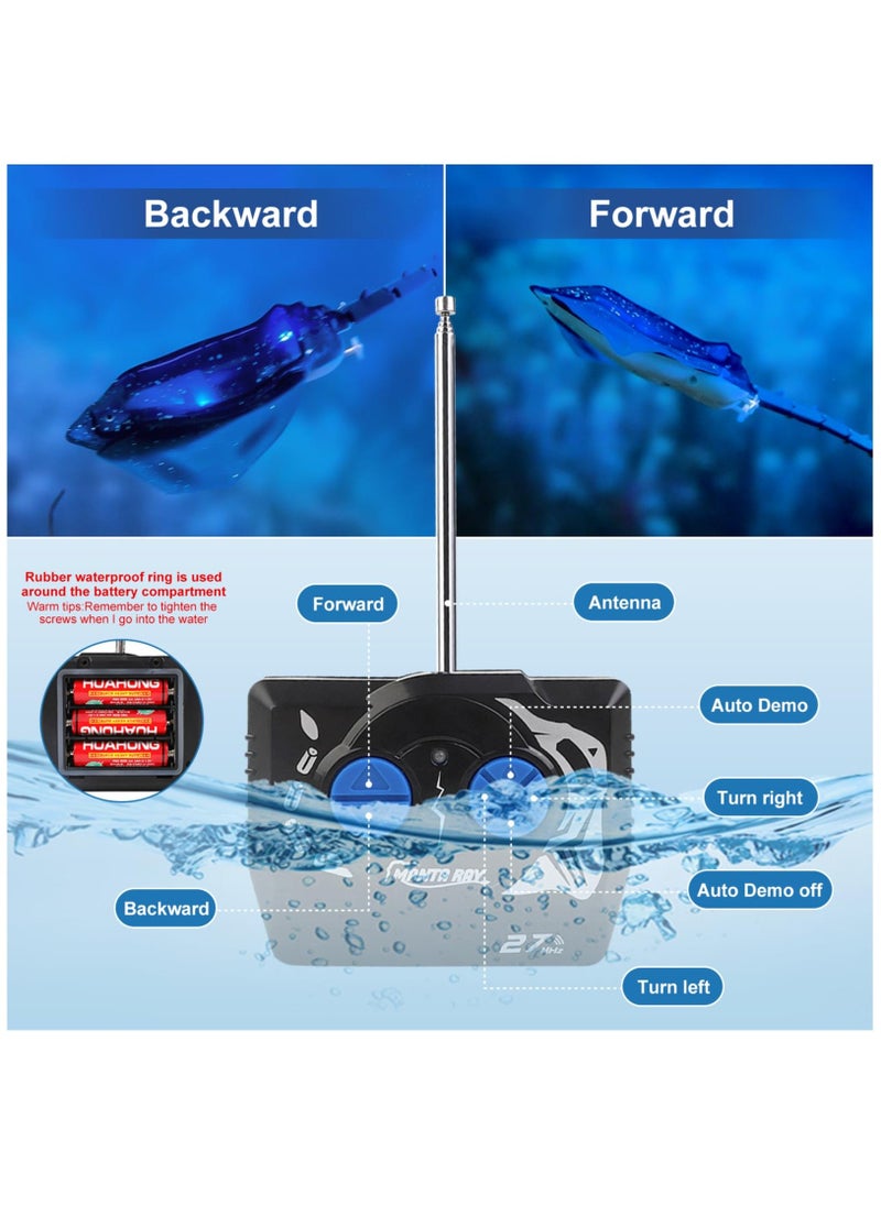 Generic - Remote Control Boat High-Simulation Diving Manta Ray Pool Toys for Kids Age 4+, 2.4gz RC Boat Stingray Robot Fish Toy with LED Lights for Lake Swimming Pool Bathroom, Blue - Image 1