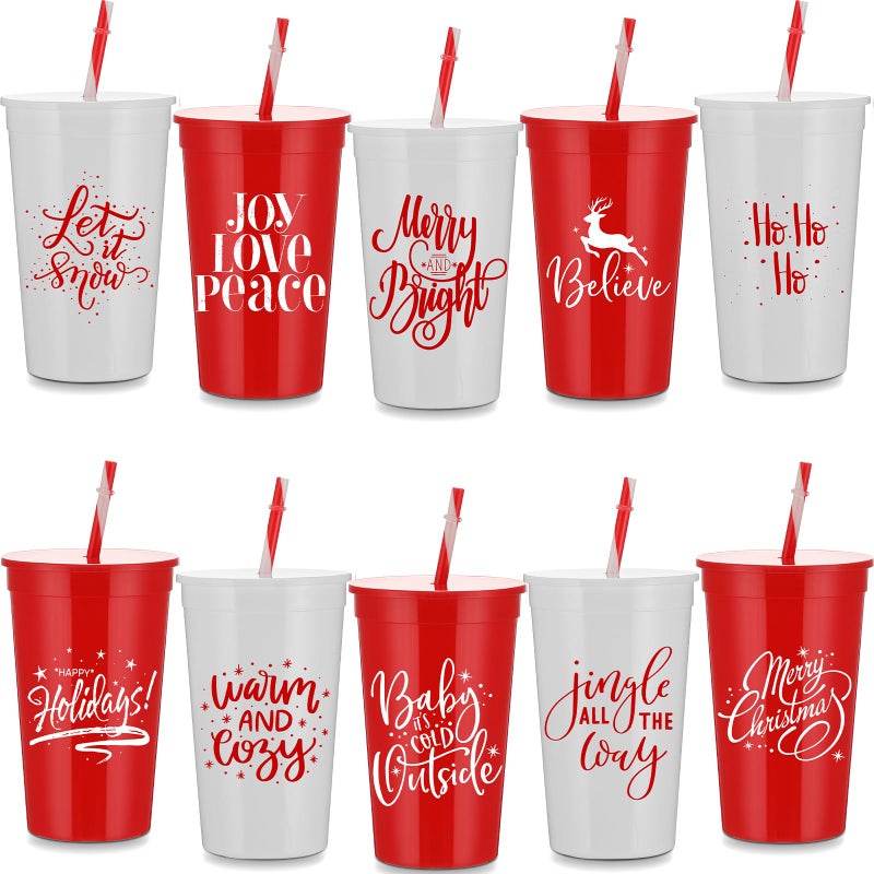 Sliner 10 Pcs 34 oz Christmas Tumbler with Straw Lid Winter Holiday Coffee Mug Cup Reusable Plastic Cup Xmas Joy Love Peace Believe School Classroom Rewards Party Supplies for Student from Teacher