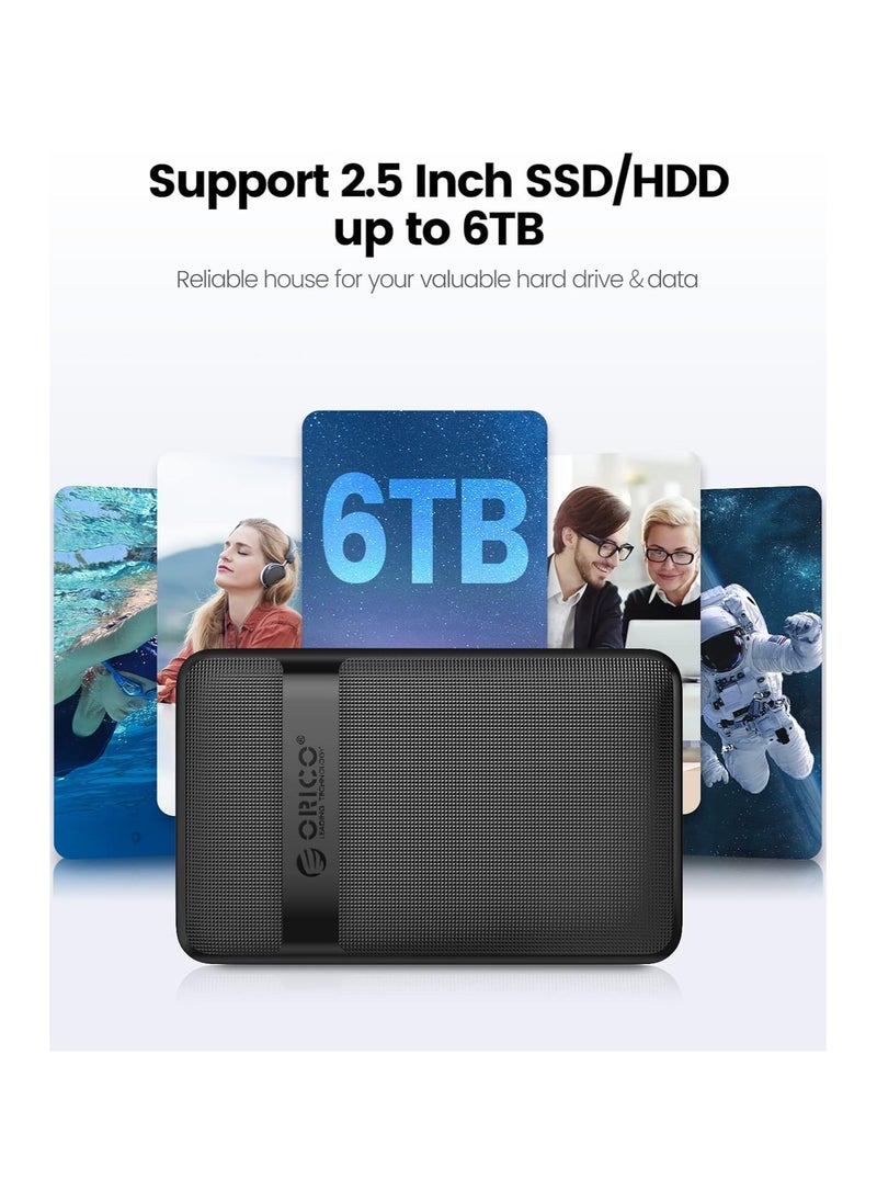 ORICO 2.5'' USB C Hard Drive Enclosure, Upgraded Tool-Free 6Gbps USB 3.1 Gen2 to SATA External Hard Drive Case for 2.5 Inch 7mm 9.5mm SSD HDD Max 6TB, UASP Supported, Black(2577C3)