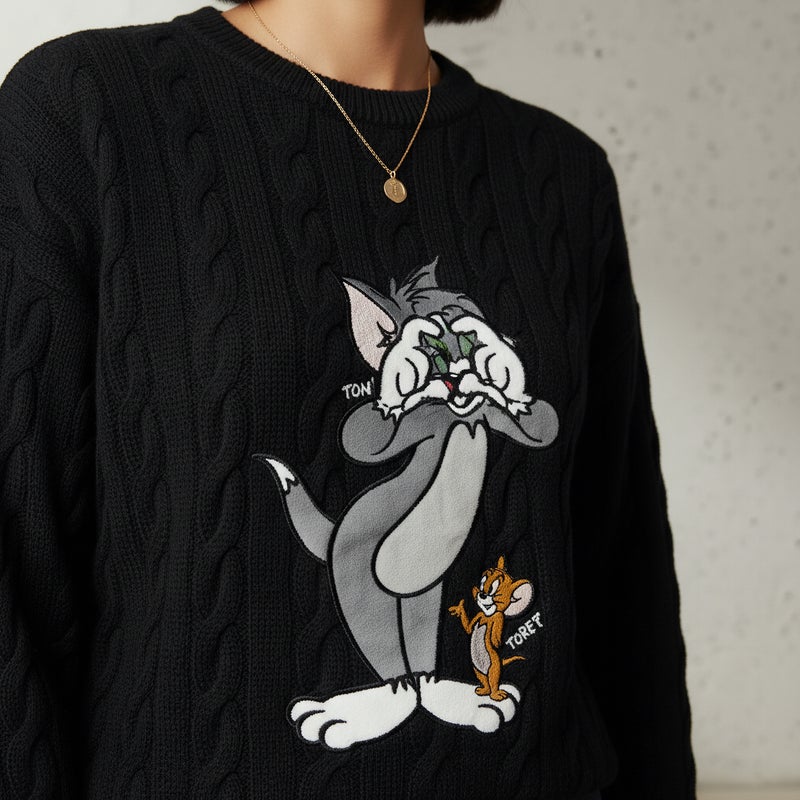 SP Characters Tom and Jerry Embroidered Crew Neck Jumper - Image 4