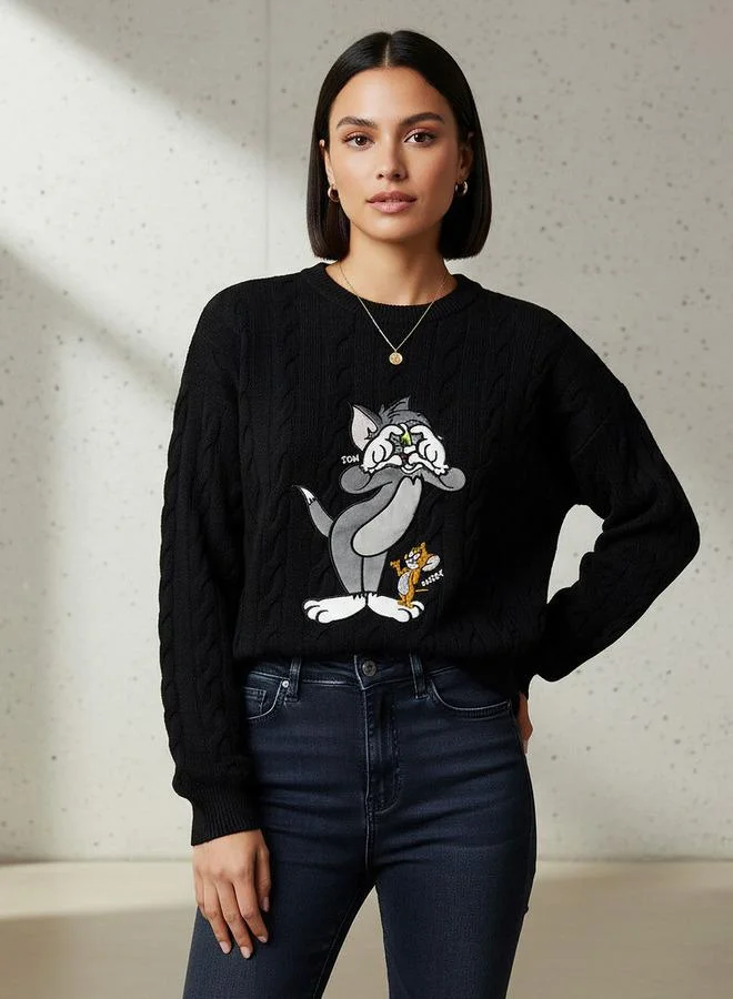 Tom and Jerry Embroidered Crew Neck Jumper