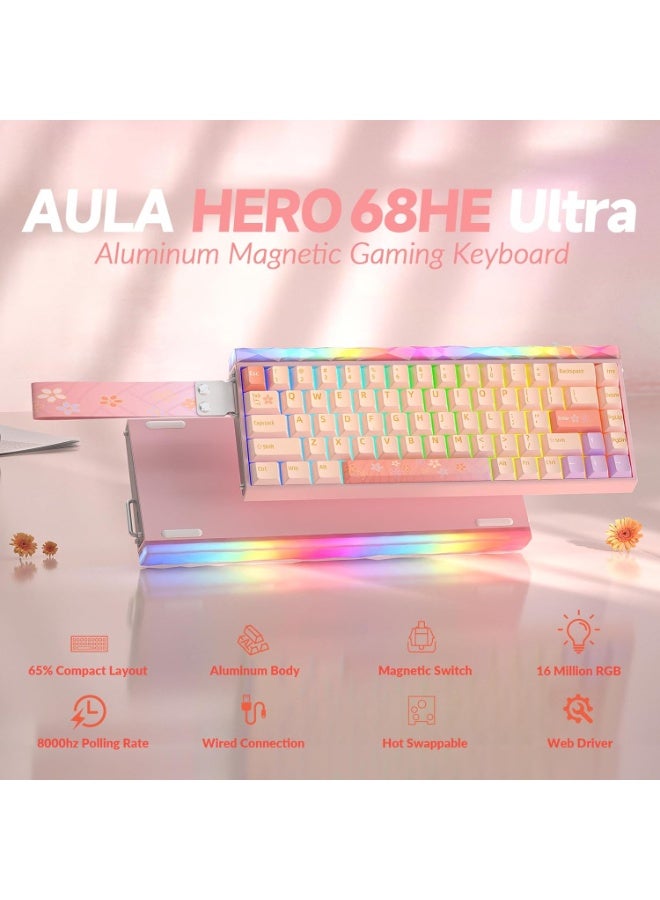 AULA لوحة مفاتيح الألعاب السلكية الفائقة Hero 68 HE بنسبة 65% مع مفتاح Pink King المغناطيسي بتأثير هول ومعدل استجابة 8KHz وإطار من الألمنيوم CNC وزر سريع قابل للتعديل وإضاءة خلفية RGB مضغوطة مع 68 مفتاح مخصص لجهاز الكمبيوتر ماك - Image 2
