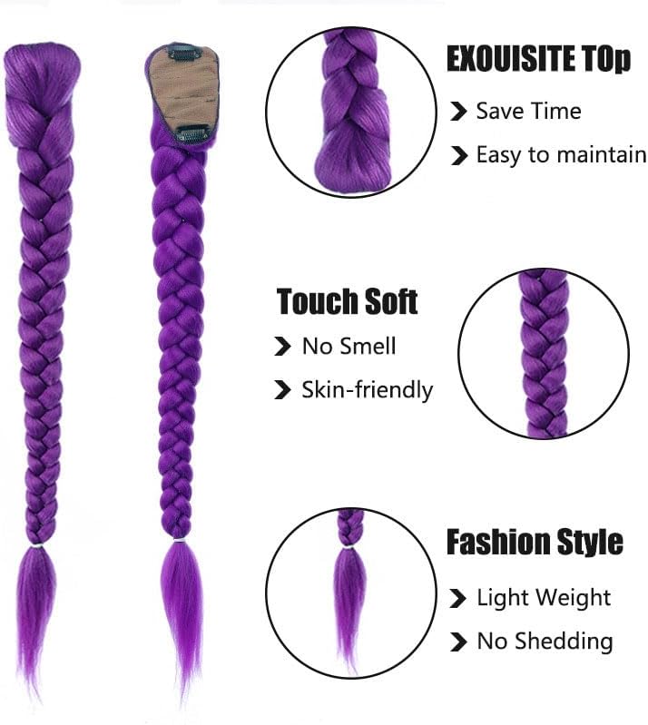 26" Purple Synthetic Braided Ponytail Extension Clip - Heat Resistant Hairpiece for Cosplay, Halloween & Daily Wear K-Pop - Image 1