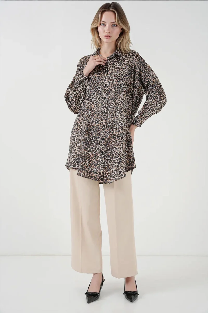 Big Dart Chestnut Brown BDART Leopard Print Long Sleeve Button-Up Shirt for Women | Best Price UAE