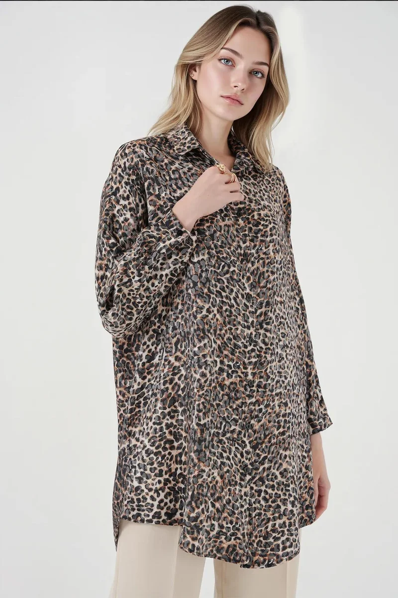 Big Dart Chestnut Brown BDART Leopard Print Long Sleeve Button-Up Shirt for Women | Best Price UAE