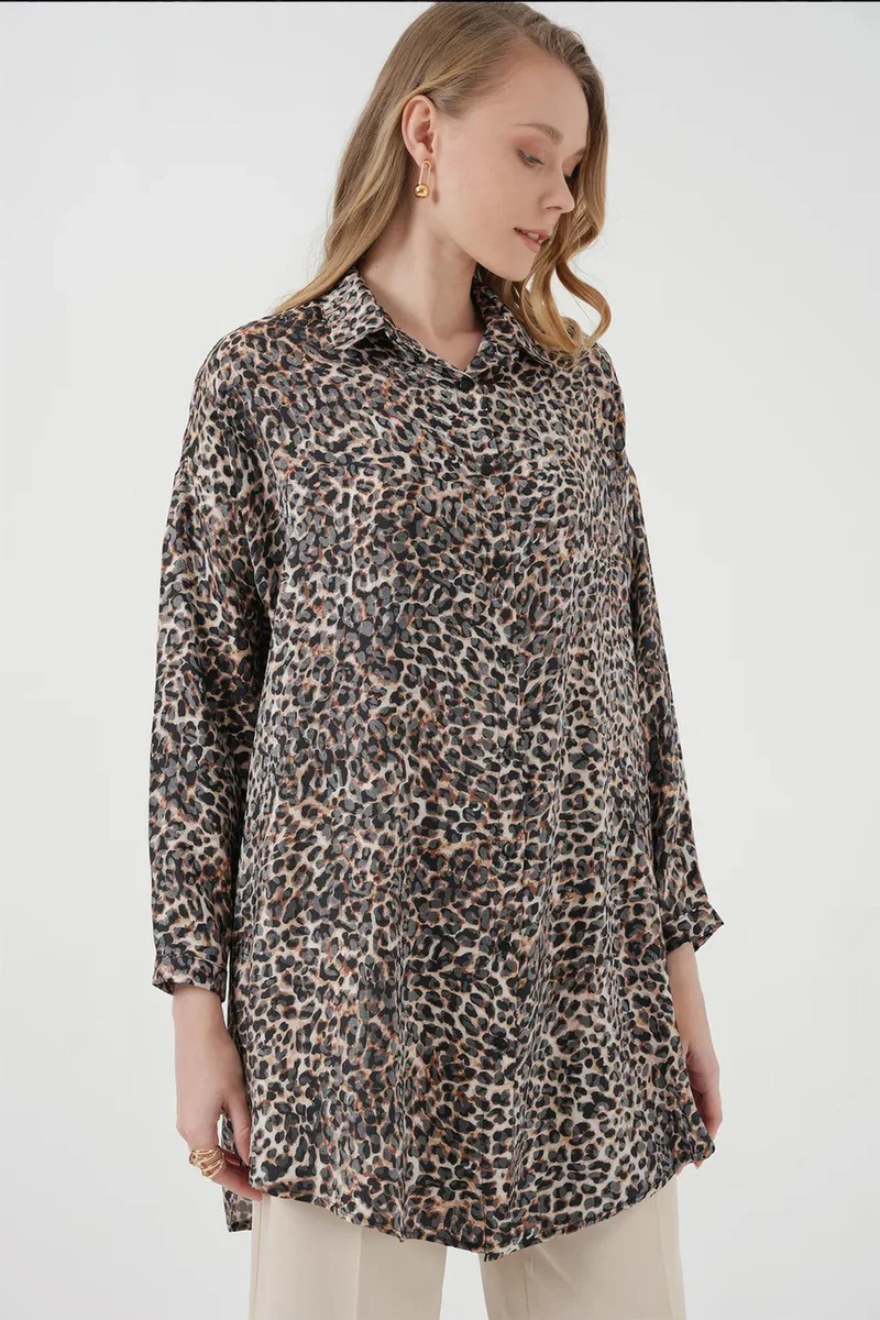 Big Dart Chestnut Brown BDART Leopard Print Long Sleeve Button-Up Shirt for Women | Best Price UAE