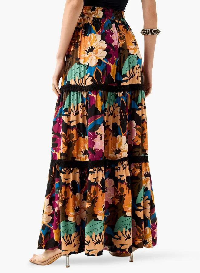 Splash FAV Floral Print Tiered Maxi Skirt with Elasticated Waistband