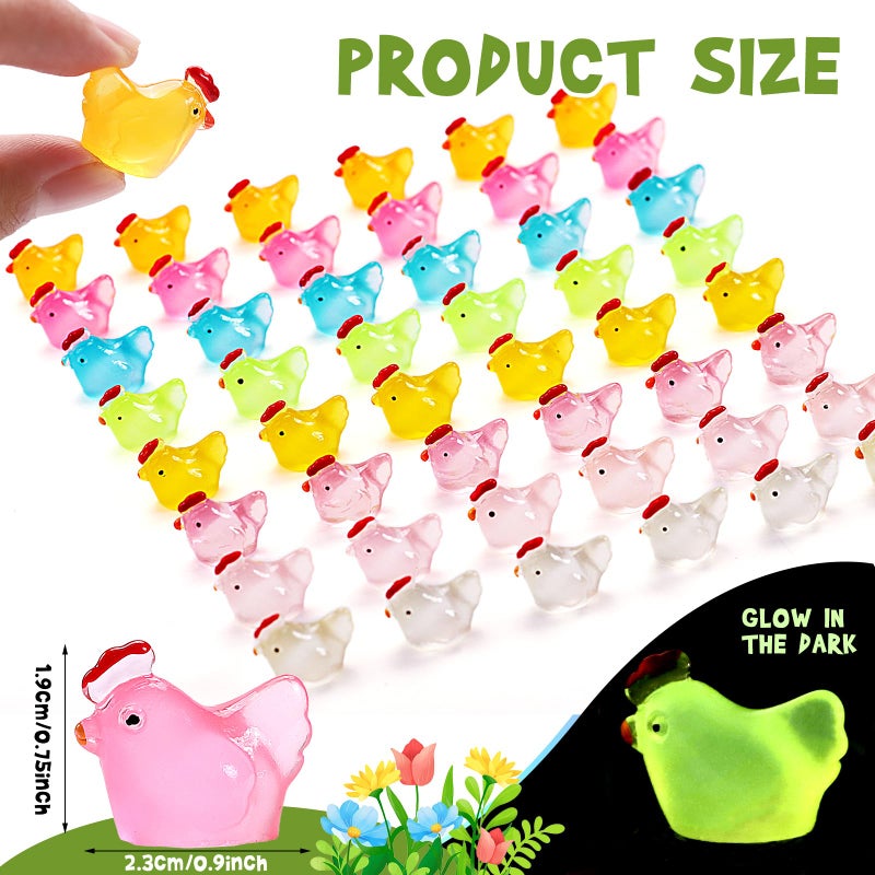 XGBDL 80 Pcs Luminous Mini Chicken, Resin Miniature Animal Figures in 8 Colors - Glow in Dark, Perfect for DIY Projects, Garden, Dollhouse, Aquarium Decor - Glows at Night - Image 2