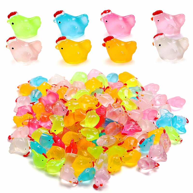 XGBDL 80 Pcs Luminous Mini Chicken, Resin Miniature Animal Figures in 8 Colors - Glow in Dark, Perfect for DIY Projects, Garden, Dollhouse, Aquarium Decor - Glows at Night - Image 1