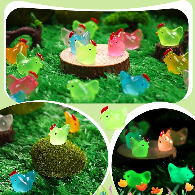 XGBDL 80 Pcs Luminous Mini Chicken, Resin Miniature Animal Figures in 8 Colors - Glow in Dark, Perfect for DIY Projects, Garden, Dollhouse, Aquarium Decor - Glows at Night - Image 3