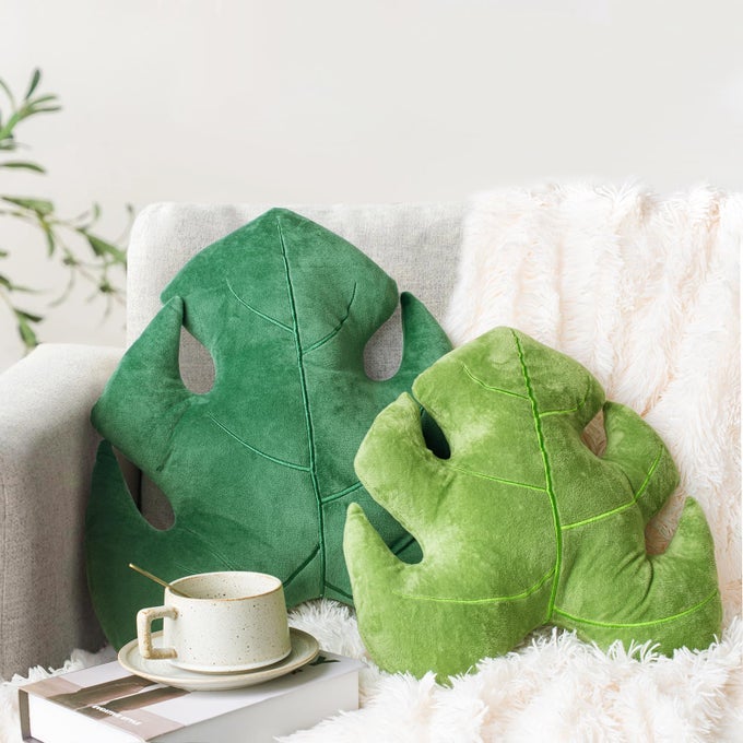 SET OF 2 3D LEAVES DECORATIVE THROW PILLOWS 18 14 MONSTERA DELICIOSA PLUSH PILLOW SET FOR PLANT LOVERS GARDEN LOVERS LIVING ROOM BEDROOM NURSERY DECOR LIGHT GREEN DARK GREEN