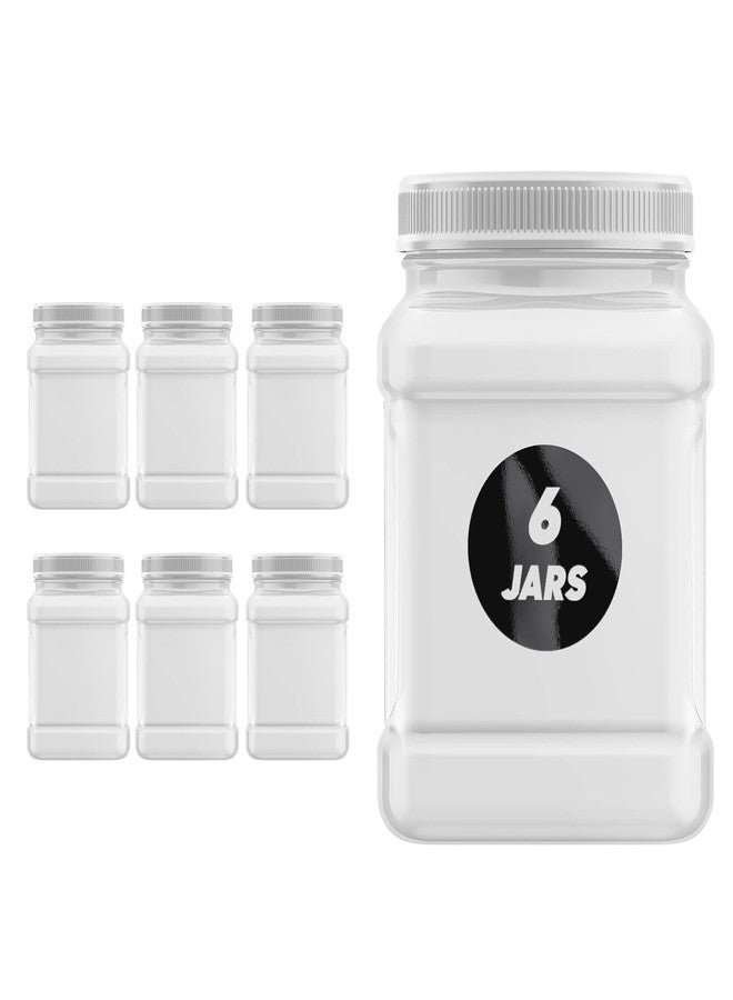 Mountain West Plastic Jars 32 Ounce Square Pinch Handle (6 Pack) Clear PET Plastic Containers With White Ribbed Lids - Image 1