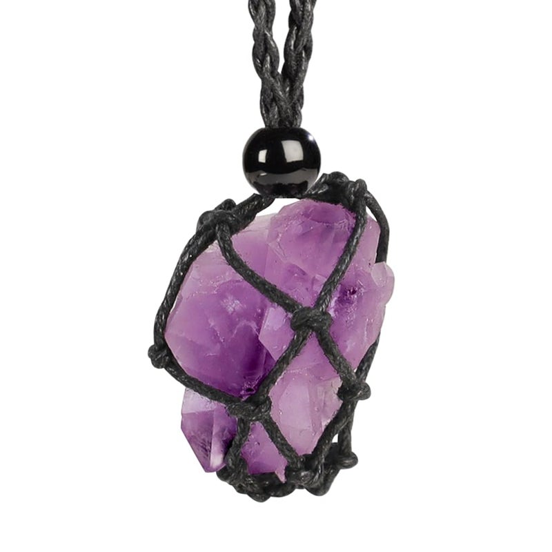 Anjiucc Natural Gemstone Crystal Amehtyst cluster Pendant Necklace Stone Holder Necklace Cord Hand-Woven Necklace with Adjustable Length for Women Men - Image 1