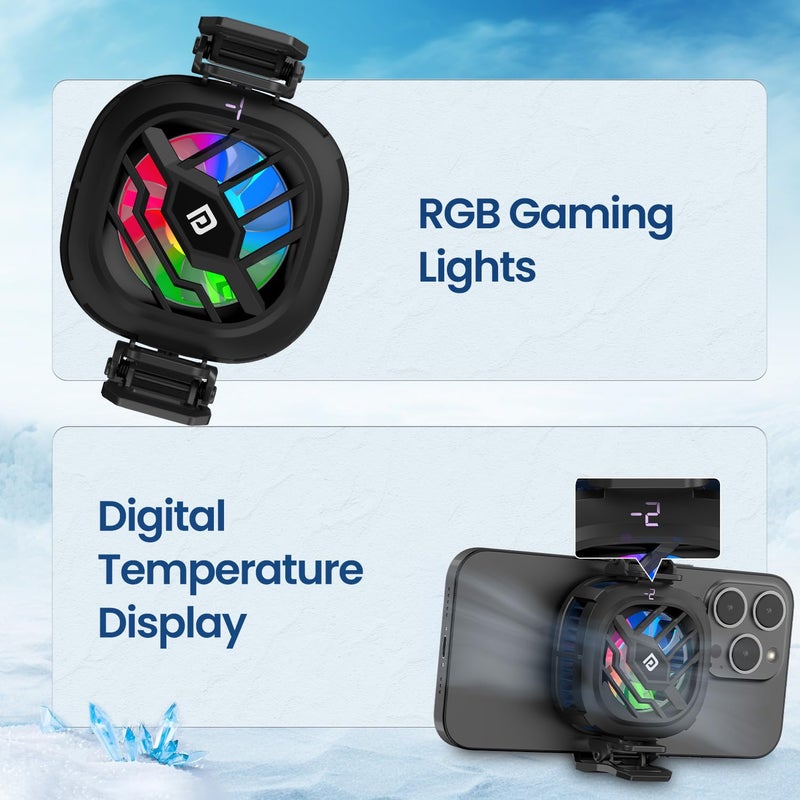 Portronics مبرد الهاتف المحمول المغناطيسي الفوري Cool XG مع لوحة معدنية لاصقة، تبريد رادياتيور، 3 أوضاع تبريد، عرض درجة الحرارة، مروحة ألعاب، شريحة تبريد، متوافق مع أندرويد وآيفون (أسود) - Image 2