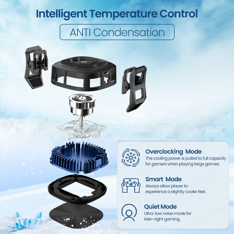 Portronics مبرد الهاتف المحمول المغناطيسي الفوري Cool XG مع لوحة معدنية لاصقة، تبريد رادياتيور، 3 أوضاع تبريد، عرض درجة الحرارة، مروحة ألعاب، شريحة تبريد، متوافق مع أندرويد وآيفون (أسود) - Image 5