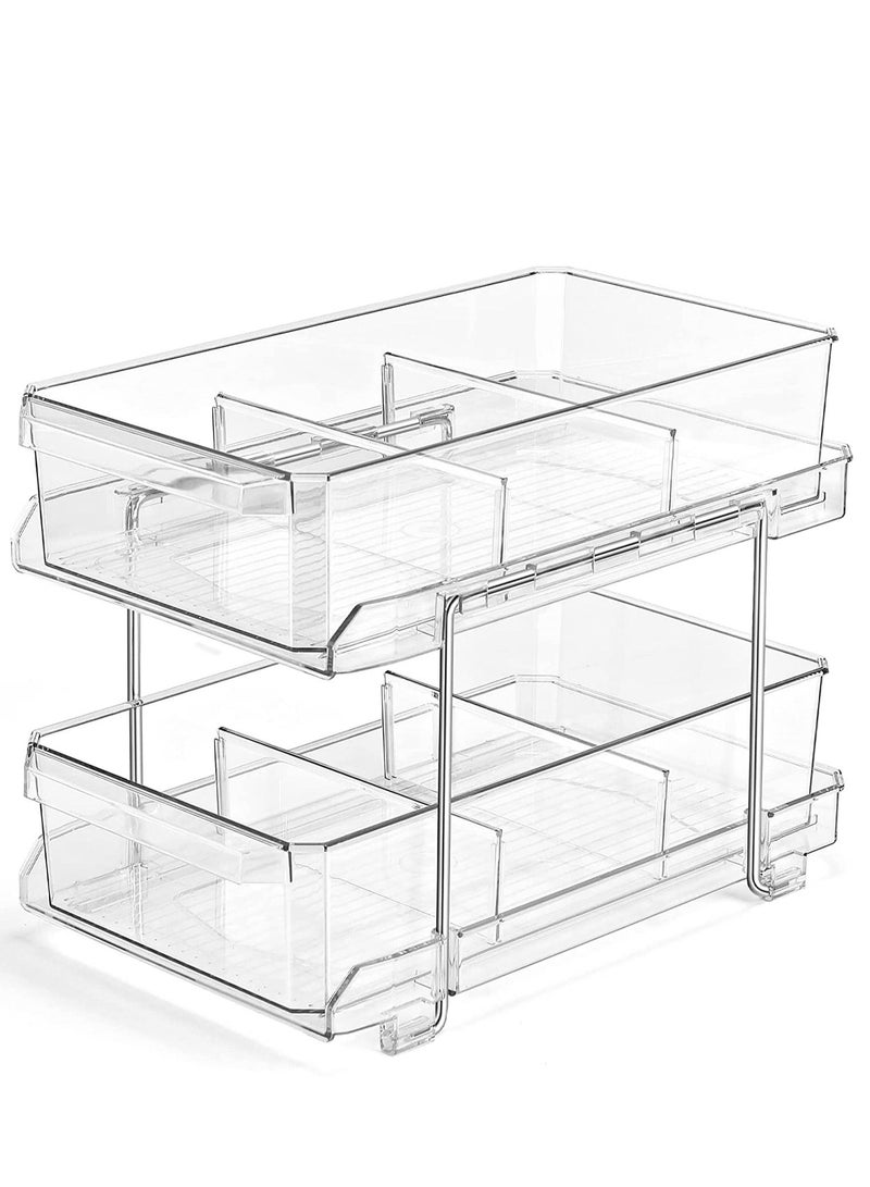 MIXDE منظم شفاف بطبقتين مع فواصل، حاوية تخزين قابلة للانزلاق متعددة الأغراض، صينية تنظيم طاولة تزيين الحمام، منظمة خزانة تحت المغسلة، صناديق تخزين مخزن المطبخ - Image 1