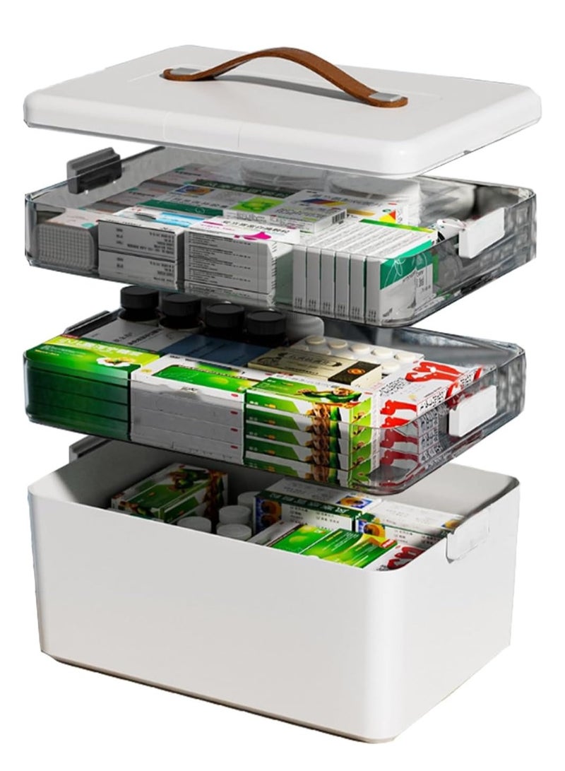 3-Tier Medicine Cabinet Storage with Leather Handle,Empty Plastic First Aid Kit, Portable Weekly Pill Organizer for Family Emergencies, Home, Travel, White - Image 1