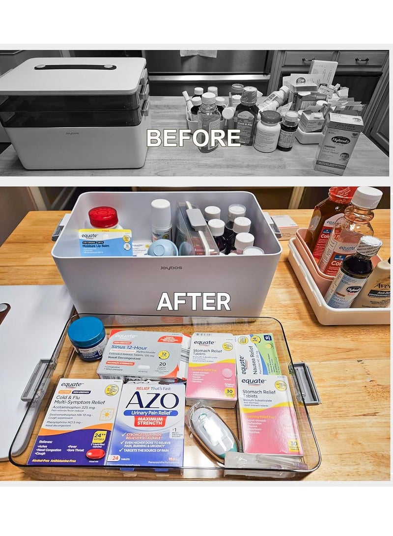 3-Tier Medicine Cabinet Storage with Leather Handle,Empty Plastic First Aid Kit, Portable Weekly Pill Organizer for Family Emergencies, Home, Travel, White - Image 2