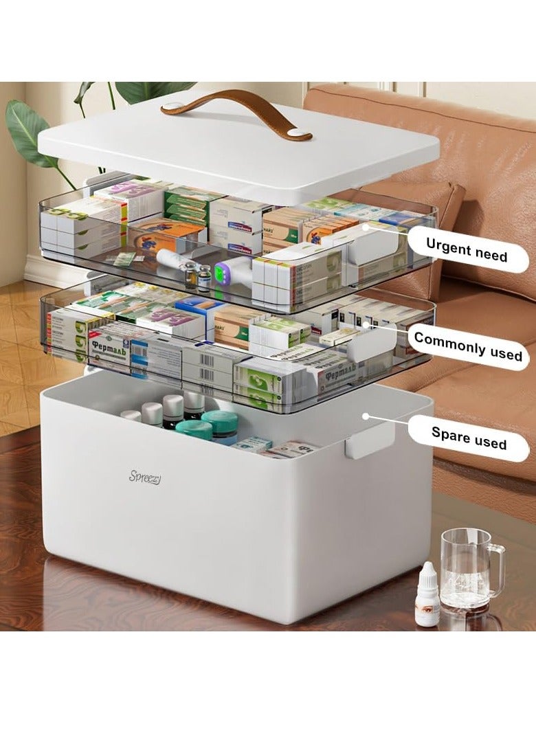 3-Tier Medicine Cabinet Storage with Leather Handle,Empty Plastic First Aid Kit, Portable Weekly Pill Organizer for Family Emergencies, Home, Travel, White - Image 3