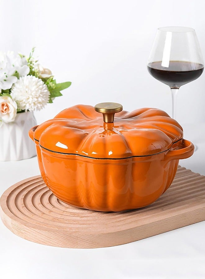 Garlo Stockpot with Lid, Enameled Cast Iron Dutch Oven, 1.5L Pot with Lid Two Handles, 16cm Heavy-Duty Cookware for Braising, Stews, Roasting, Bread Baking, Orange pumpkin