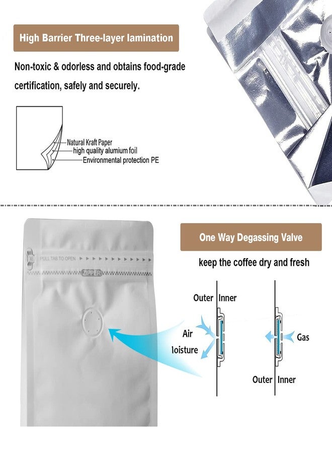 felipack 100 Count 12 Ounces White Kraft Paper Coffee Bags - High Barrier Aluminium Foil Liner - Flat Bottom Coffee Pouches with Degassing Valve, Food Storage Bags with Rsealable Zipper & Easy Open Tape (100pcs, 12oz/0.75lb) - Image 3