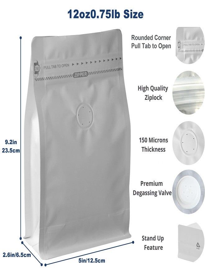 felipack 100 Count 12 Ounces White Kraft Paper Coffee Bags - High Barrier Aluminium Foil Liner - Flat Bottom Coffee Pouches with Degassing Valve, Food Storage Bags with Rsealable Zipper & Easy Open Tape (100pcs, 12oz/0.75lb) - Image 2