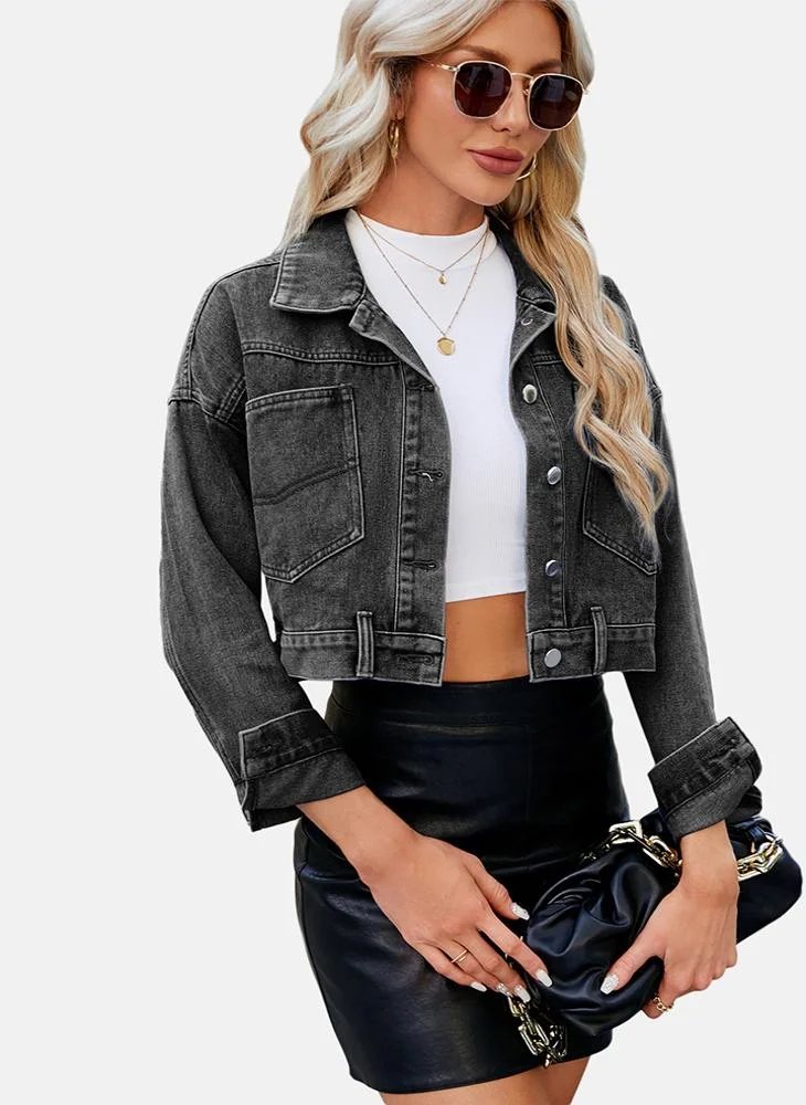 يونيكي Grey Plain Regular Fit Long Sleeve Denim Jacket