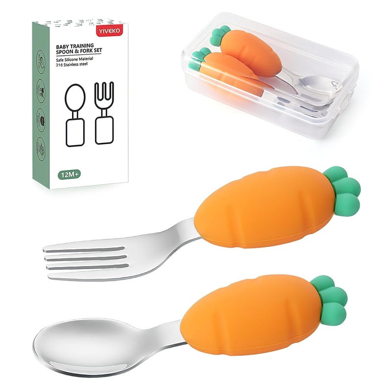 YIVEKO Baby Fork and Spoon Set with Carry Case Baby Training Utensils Self Feeding Toddler Silverware Silicone and Stainless Steel Kids and Toddler Utensil Set-Carrot - Image 1