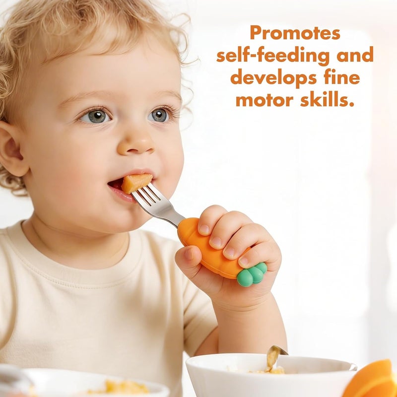 YIVEKO Baby Fork and Spoon Set with Carry Case Baby Training Utensils Self Feeding Toddler Silverware Silicone and Stainless Steel Kids and Toddler Utensil Set-Carrot - Image 5