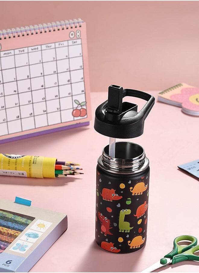 LAWAZIM Stainless Steel Children's Water Bottle -Black with Dinosaur Pattern- Insulated 12 oz Kids Drinking Bottle with BPA-Free Leak-Proof Lid - for School Travel Outdoor Activities and Everyday Use  - Image 4