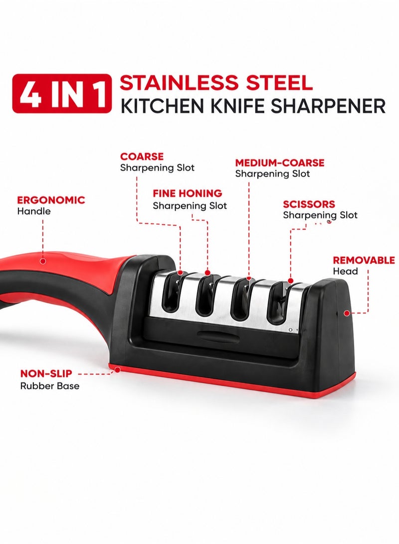 Handheld 4‑in‑1 Knife Sharpener, Stainless Steel 4 Stage Whetstone for Kitchen Knives, Serrated Blades & Scissors - Image 2