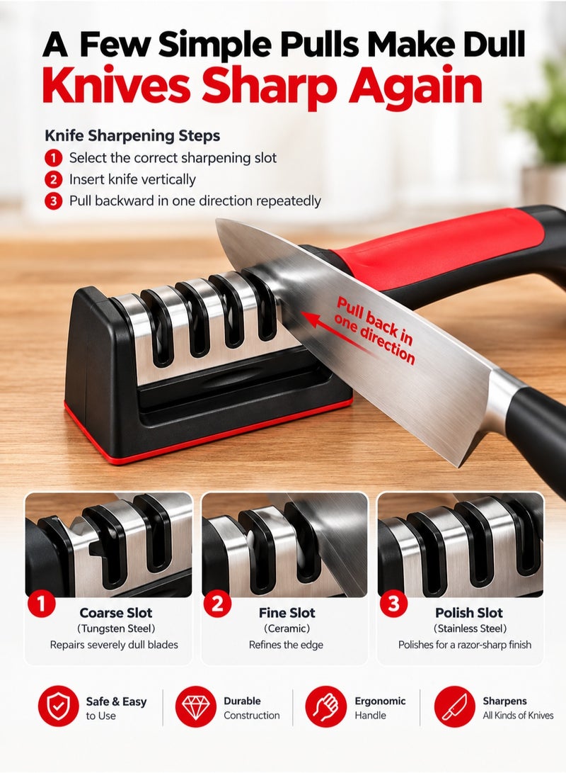 Handheld 4‑in‑1 Knife Sharpener, Stainless Steel 4 Stage Whetstone for Kitchen Knives, Serrated Blades & Scissors - Image 3